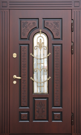 Стальная утепленная термодверь с кованой решеткой, стеклопакетом и плитами МДФ с фрезеровкой