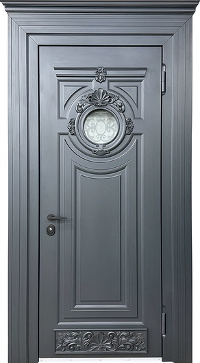 Стальная утепленная термодверь с карнизом, круглым стеклом, серыми панелями МДФ с резьбой